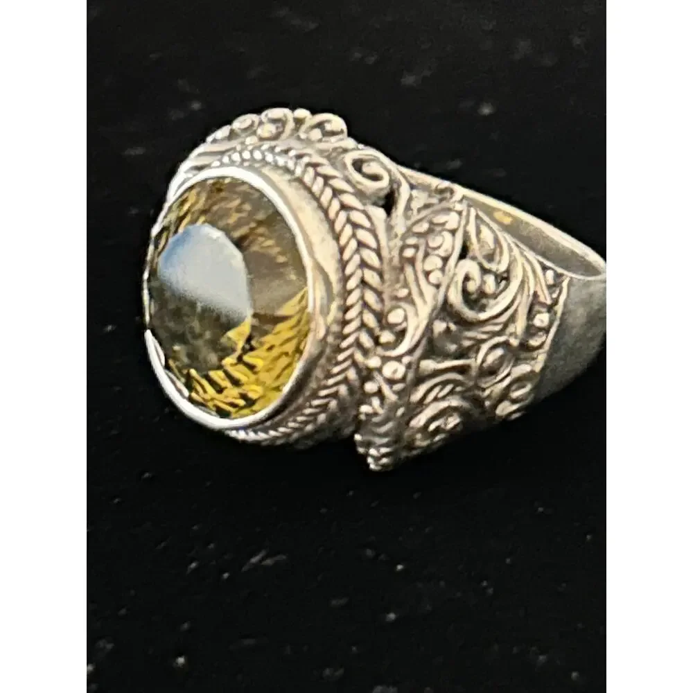 Sarda Sterling Silver 925 Filigree Peridot Statement Ring - Size 7